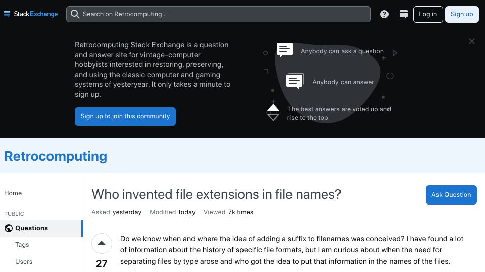 Screenshot of retrocomputing.stackexchange.com: Who invented file extensions in file names?