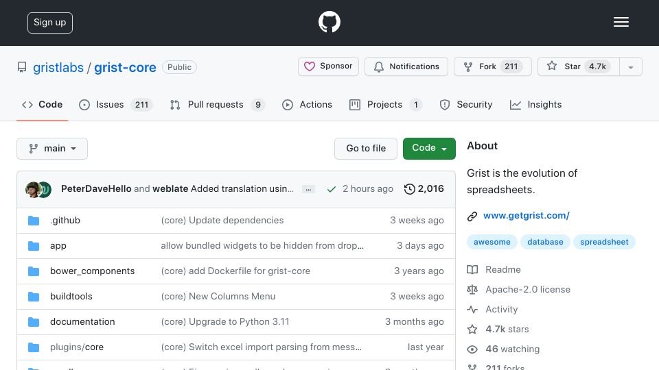 Screenshot of github.com: Grist is a modern, relational spreadsheet