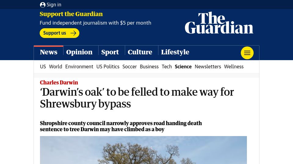 Screenshot of theguardian.com: 'Darwin's oak' to be felled