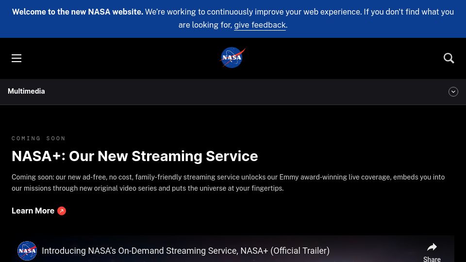 Screenshot of nasa.gov: NASA+: Our New Streaming Service