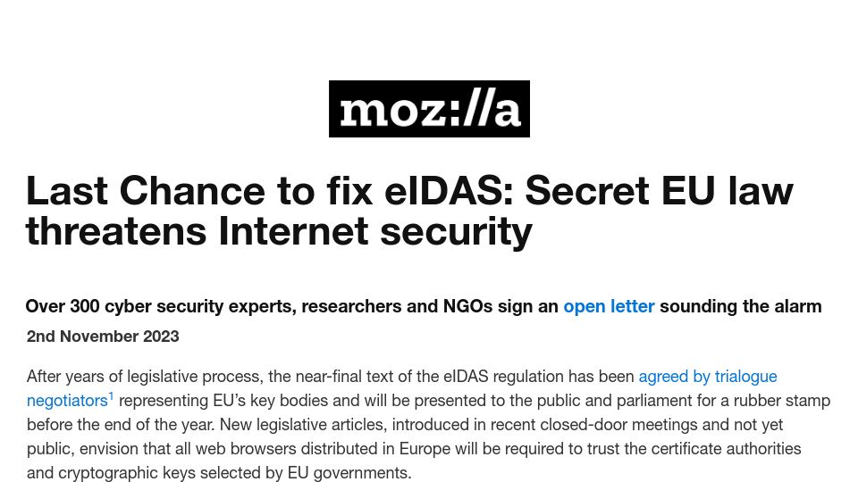 Screenshot of last-chance-for-eidas.org: Last Chance to fix eIDAS: Secret EU law threatens Internet security