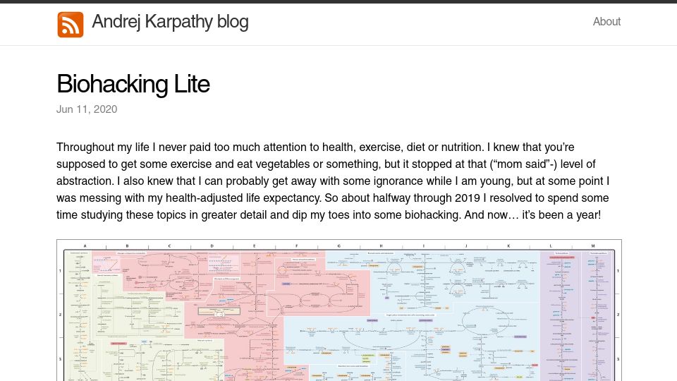 Screenshot of karpathy.github.io: Biohacking Lite (2020)
