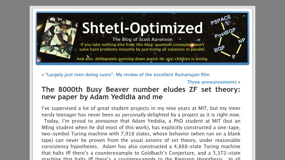 Screenshot of scottaaronson.blog: The 8000th Busy Beaver number eludes ZF set theory (2016)
