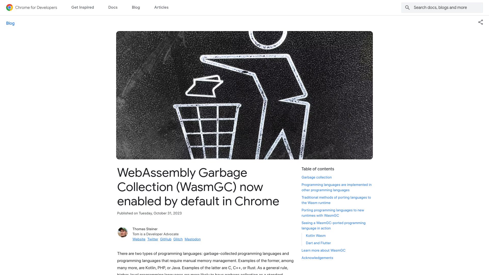 Screenshot of developer.chrome.com: WasmGC – Run GC languages such as Kotlin, Java in Chrome browser
