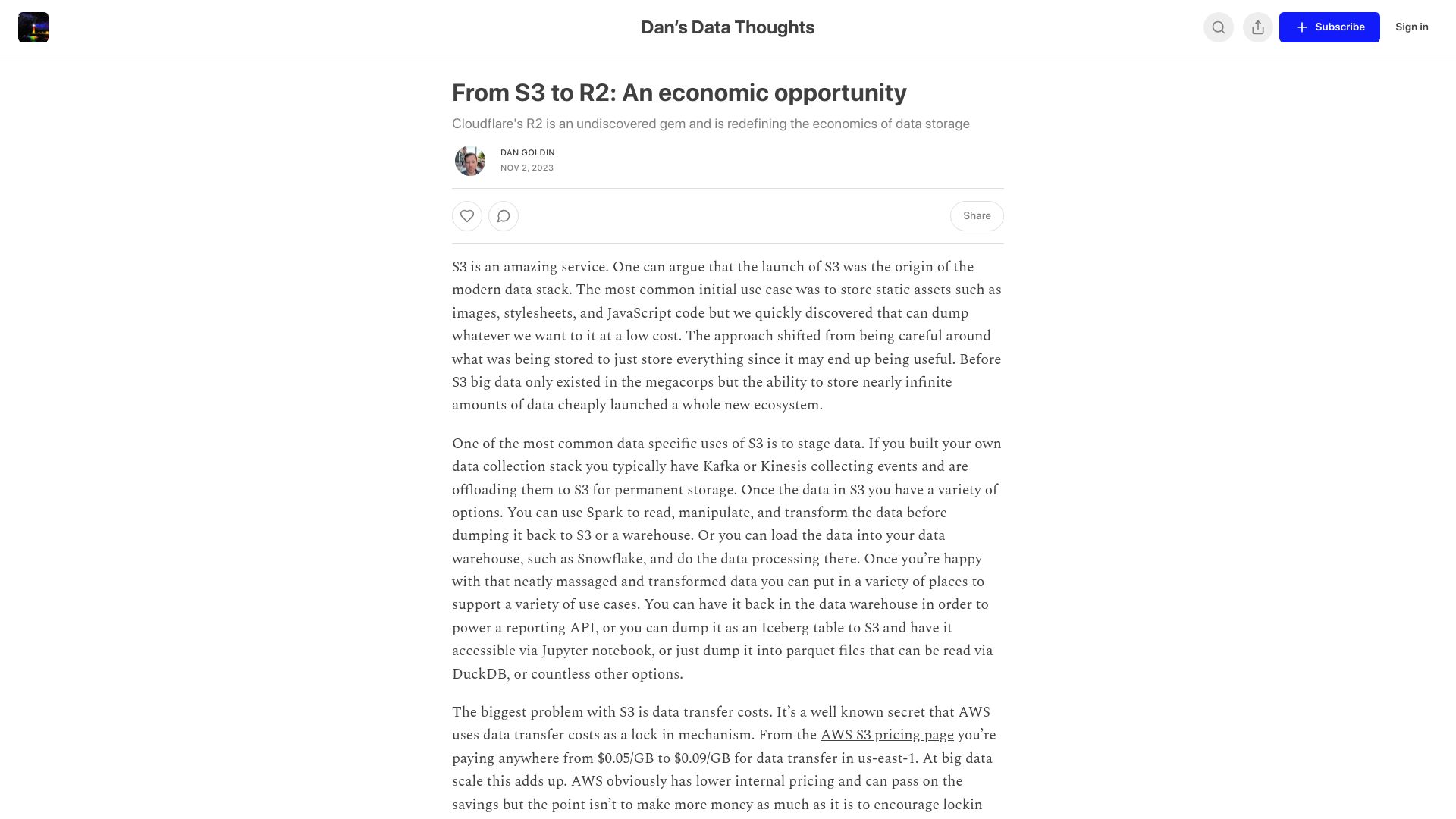 Screenshot of dansdatathoughts.substack.com: From S3 to R2: An economic opportunity
