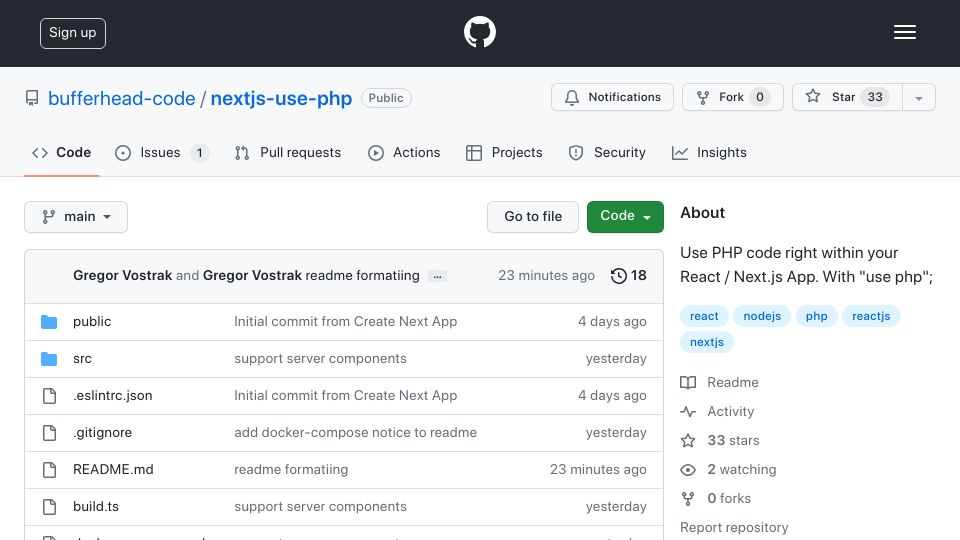 Screenshot of github.com: Write PHP Code Within Next.js Components