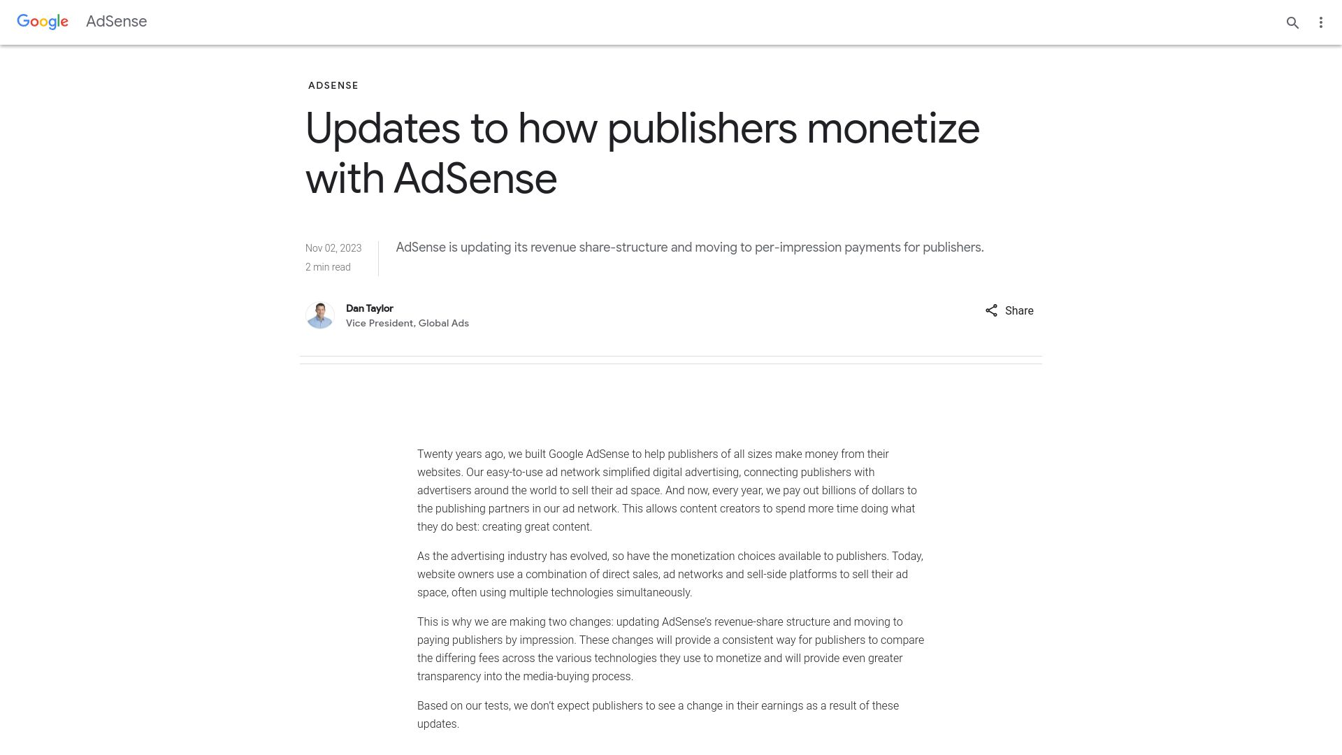 Screenshot of blog.google: Google Adsense is transitioning to per-impression payments for publishers