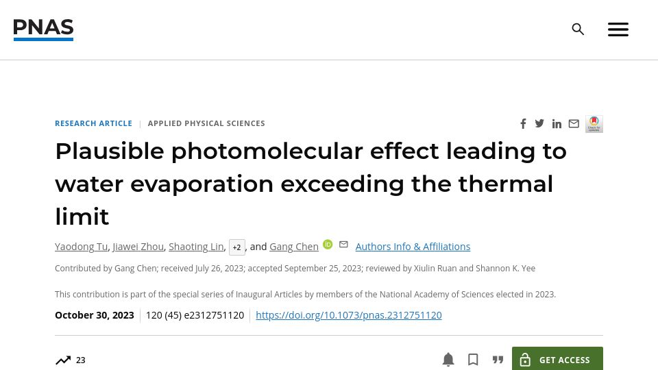 Screenshot of pnas.org: Photomolecular effect leading to water evaporation exceeding the thermal limit