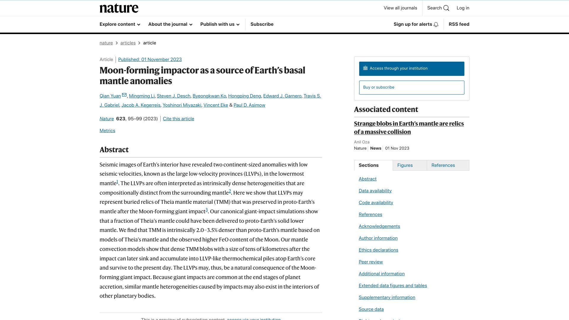 Screenshot of nature.com: Moon-forming impactor as a source of Earth's basal mantle anomalies