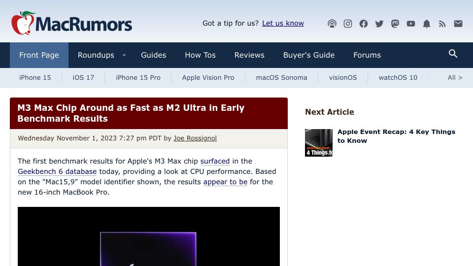 Screenshot of macrumors.com: M3 Max Chip Around as Fast as M2 Ultra in Early Benchmark Results