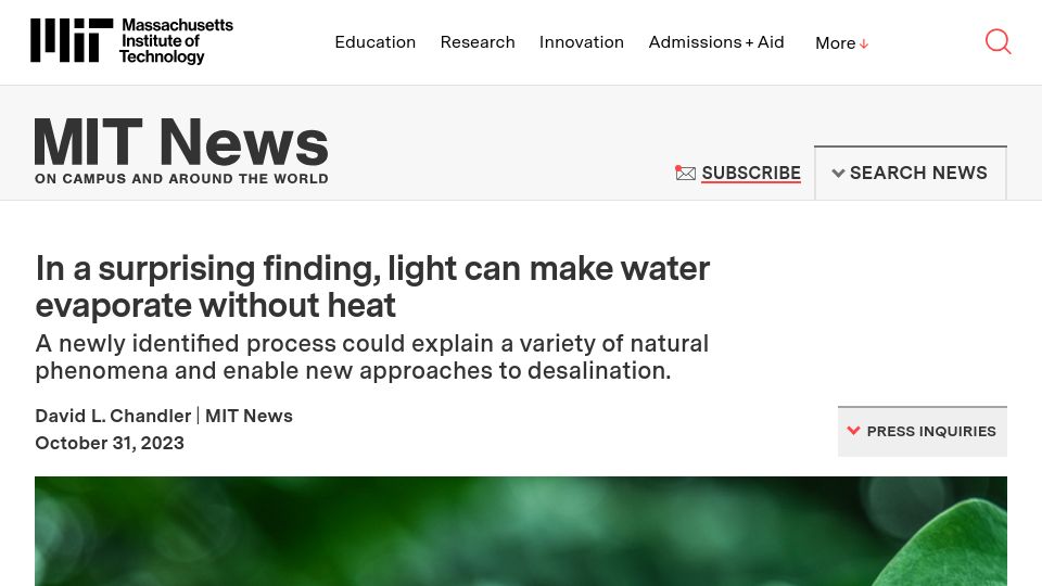 Screenshot of news.mit.edu: Light can make water evaporate without heat