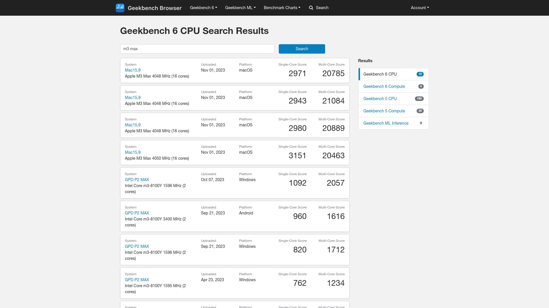Screenshot of browser.geekbench.com: M3 Max Geekbench