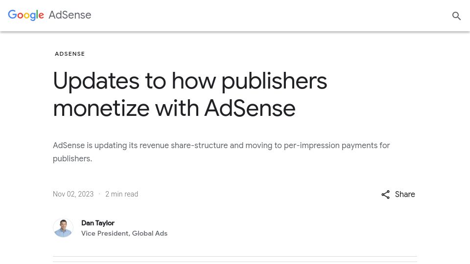 Screenshot of blog.google: Google Adsense is transitioning to per-impression payments for publishers