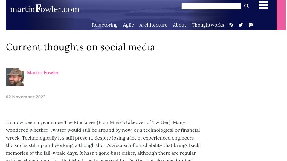Screenshot of martinfowler.com: Current thoughts on social media