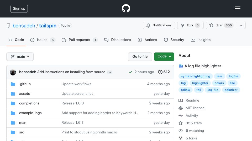Screenshot of github.com: Show HN: Tailspin – A Log File Highlighter