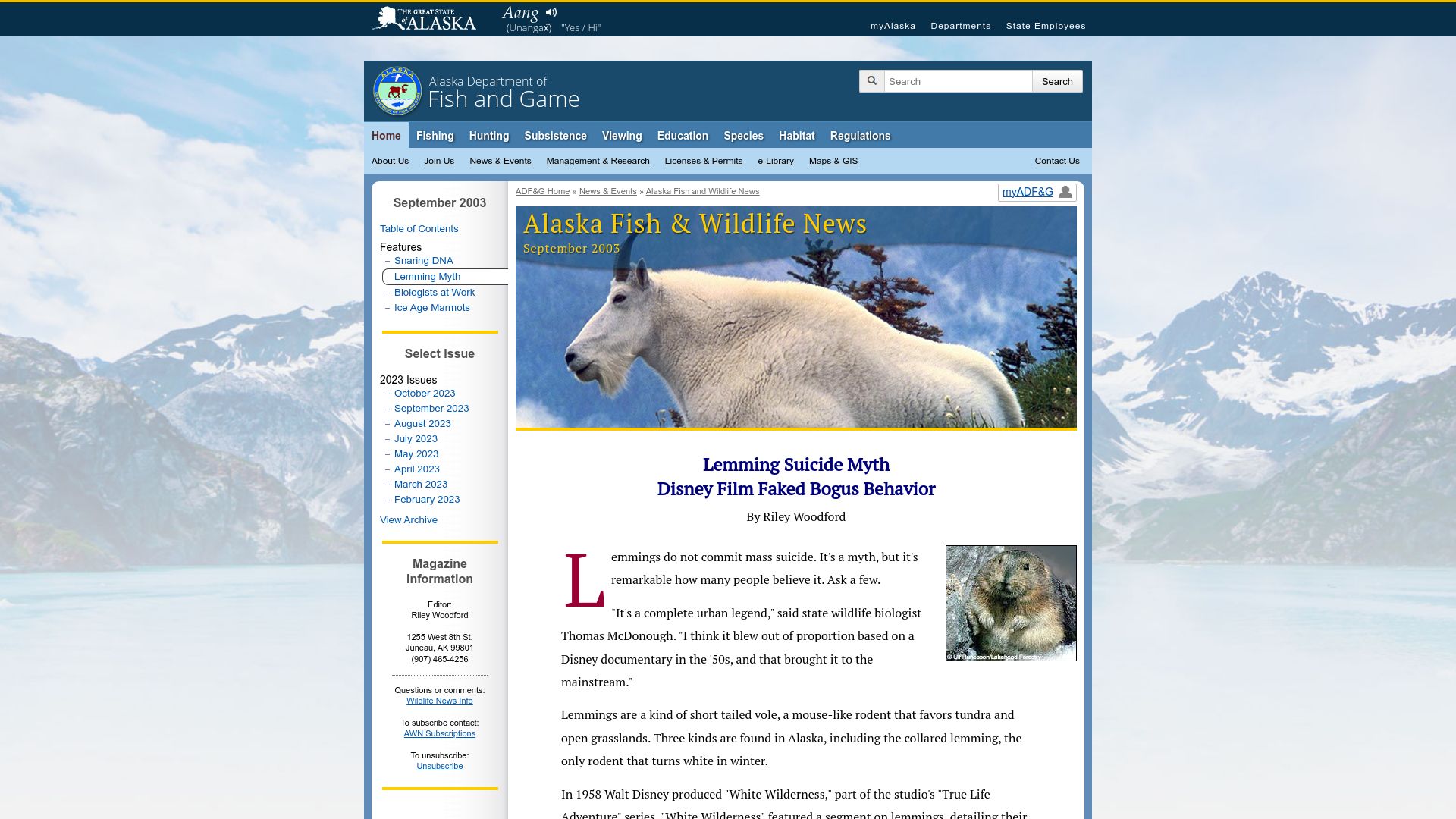 Screenshot of adfg.alaska.gov: Lemming Suicide Myth: Disney Film Faked Bogus Behavior