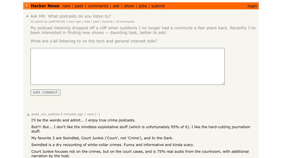 Screenshot of Hacker News post: Ask HN: What podcasts do you listen to?