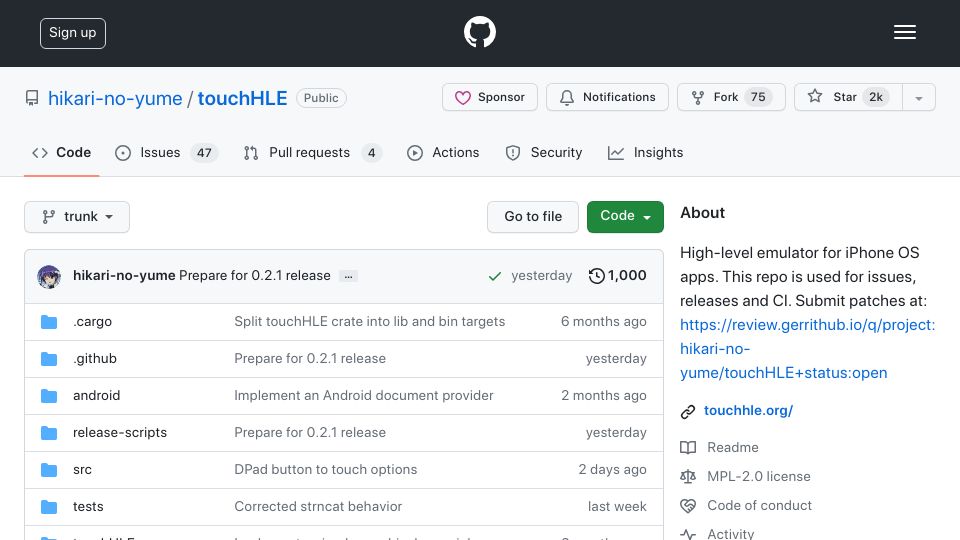 Screenshot of github.com: High-level emulator for iPhone OS apps
