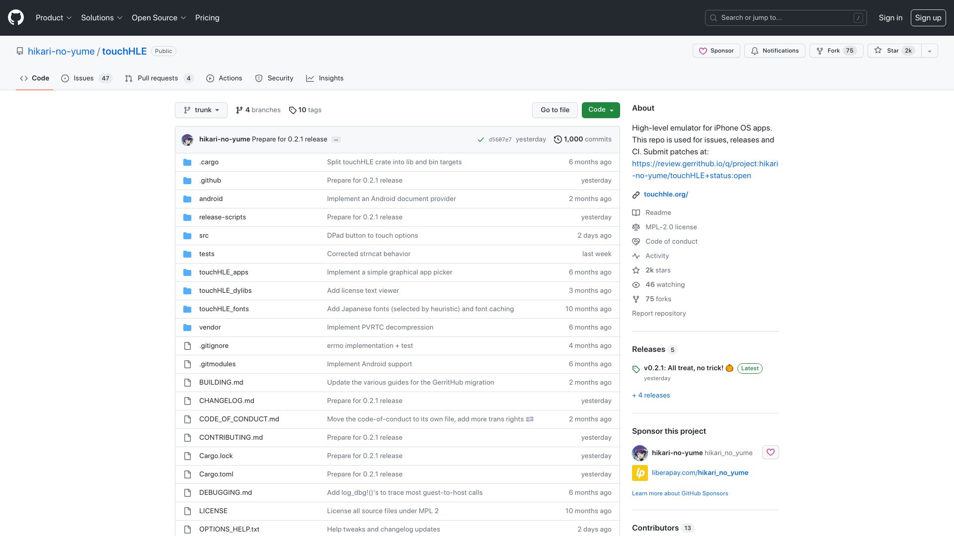 Screenshot of github.com: High-level emulator for iPhone OS apps