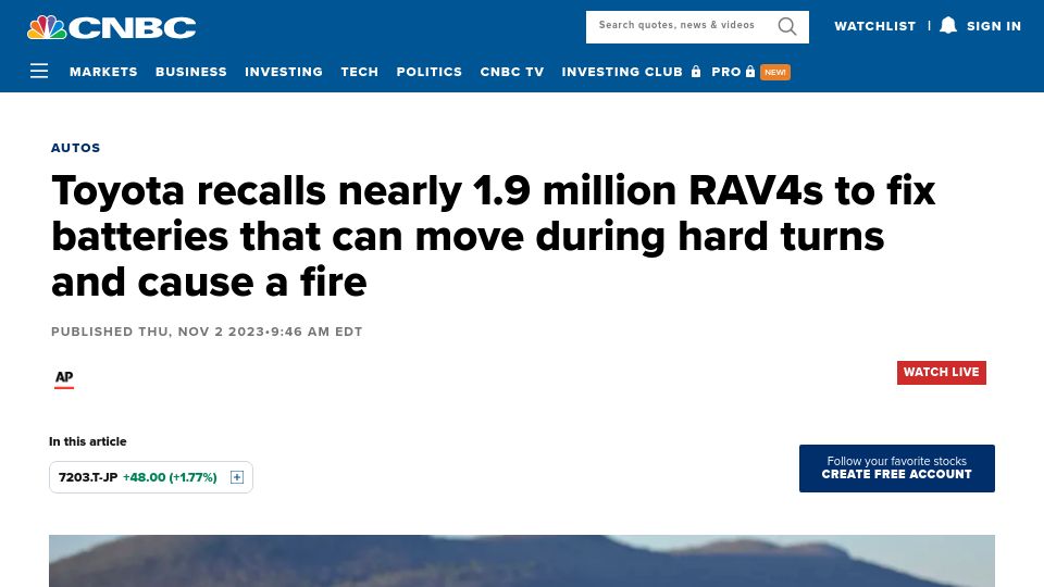 Screenshot of cnbc.com: Toyota recalls nearly 1.9M RAV4s to fix batteries that can cause a fire