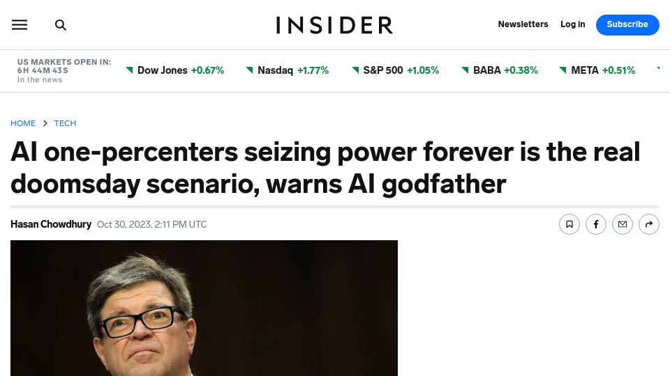 Screenshot of businessinsider.com: Yann LeCun: AI one-percenters seizing power forever is real doomsday scenario