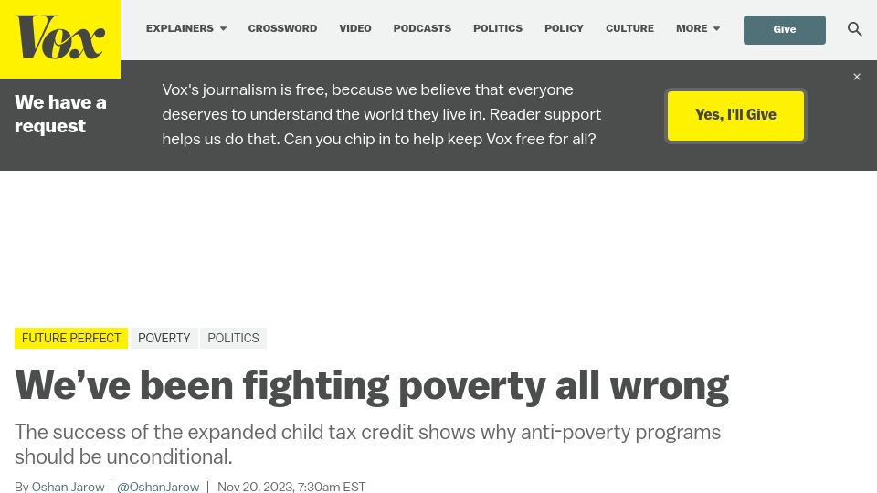 Screenshot of vox.com: We've been fighting poverty all wrong