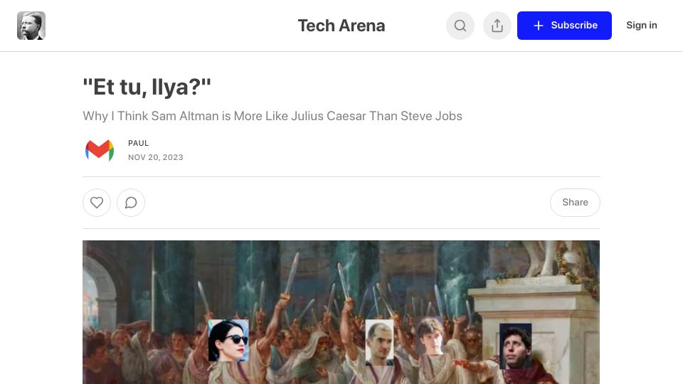 Screenshot of techarena.substack.com: "Et Tu, Ilya?"