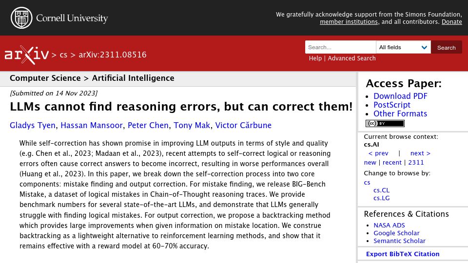 Screenshot of arxiv.org: LLMs cannot find reasoning errors, but can correct them