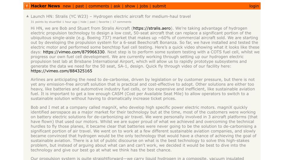 Screenshot of Hacker News post: Launch HN: Stralis (YC W23) – Hydrogen electric aircraft for medium-haul travel