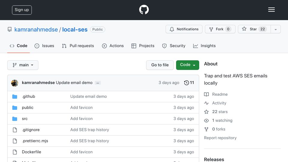 Screenshot of github.com: Trap and test AWS SES emails locally