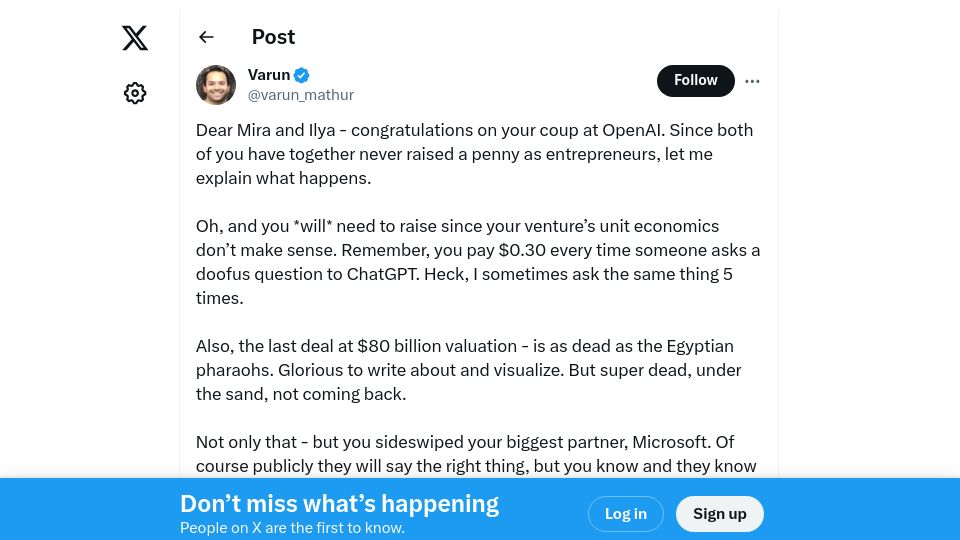 Screenshot of twitter.com: Dear Mira and Ilya – congratulations on your coup at OpenAI