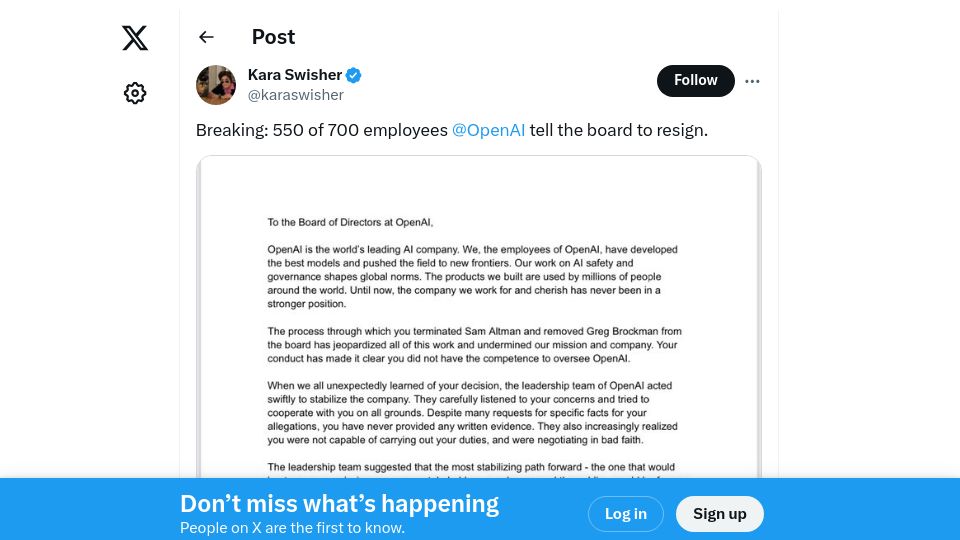 Screenshot of twitter.com: Employees of OpenAI tell the board to resign