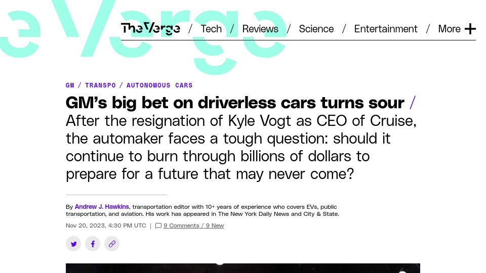 Screenshot of theverge.com: GM's big bet on driverless cars turns sour