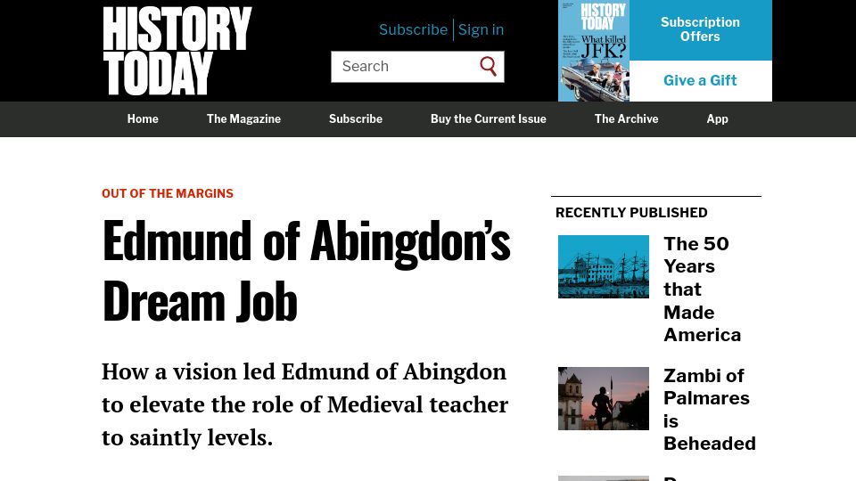 Screenshot of historytoday.com: Edmund of Abingdon's Dream Job