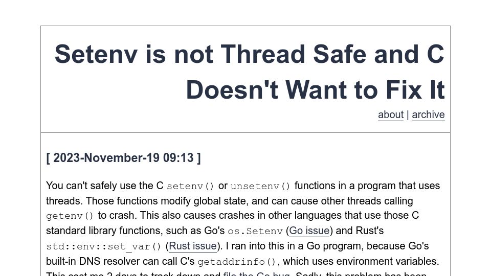 Screenshot of evanjones.ca: Setenv Is Not Thread Safe and C Doesn't Want to Fix It