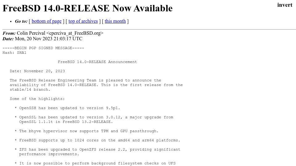 Screenshot of lists.freebsd.org: FreeBSD 14.0-Release Now Available