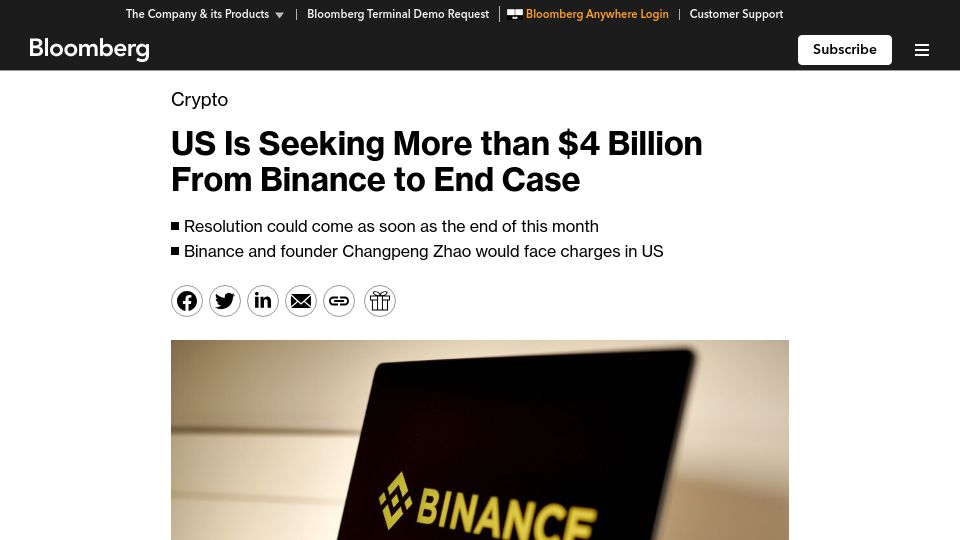 Screenshot of bloomberg.com: US Seeks More Than $4B from Binance to End Criminal Case