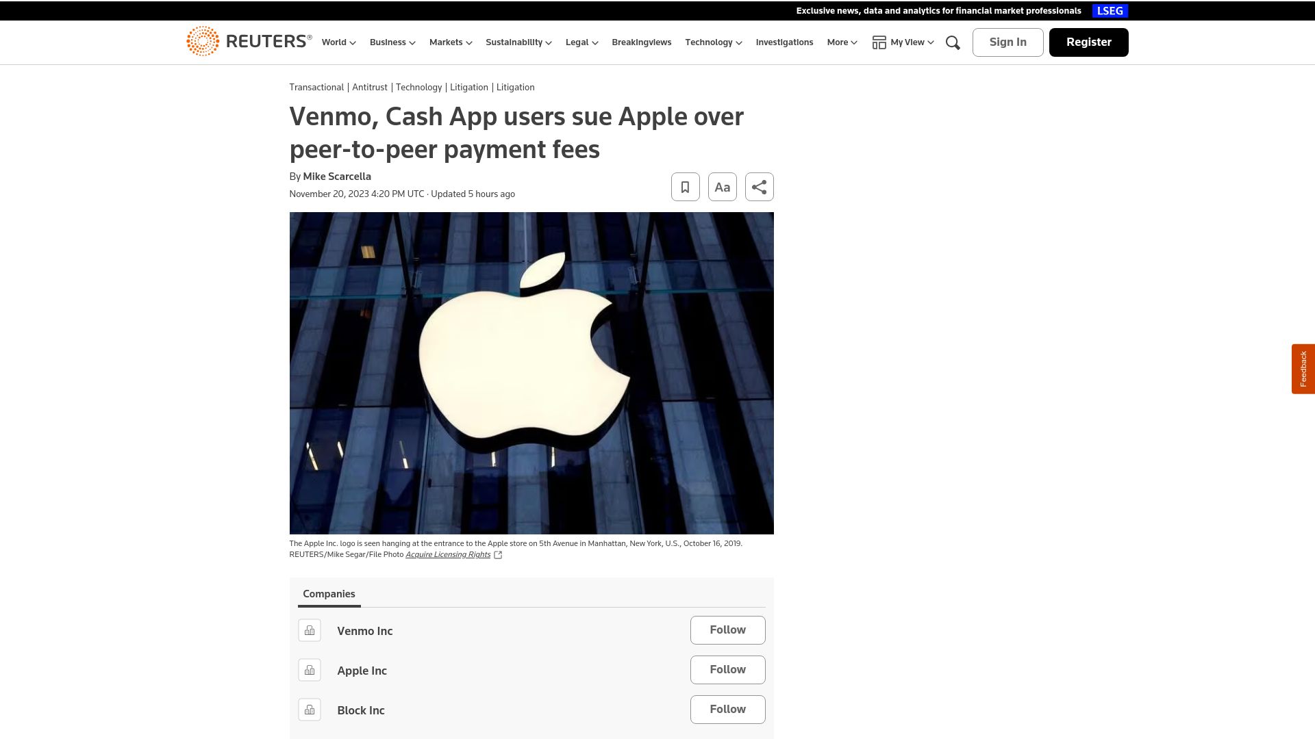Screenshot of reuters.com: Venmo, Cash App users sue Apple over peer-to-peer payment fees