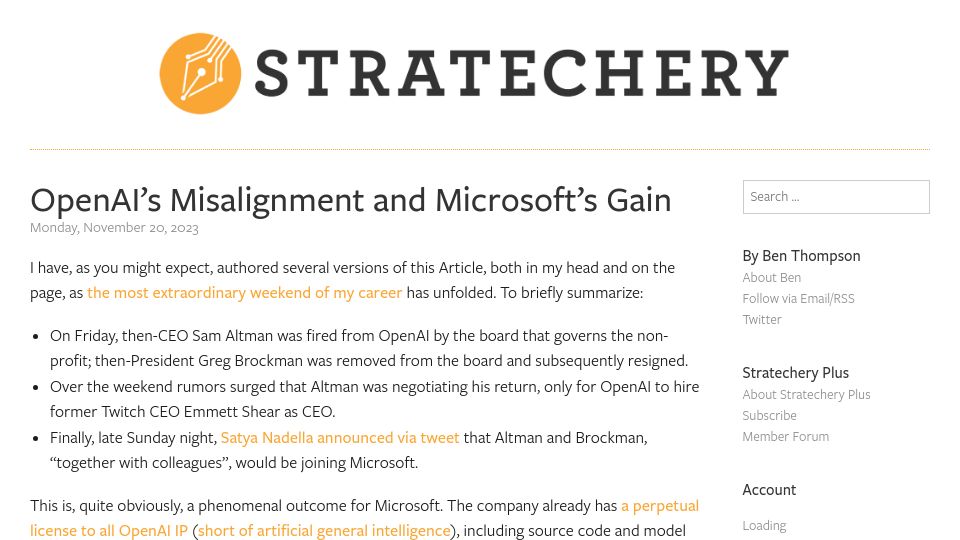 Screenshot of stratechery.com: OpenAI's misalignment and Microsoft's gain