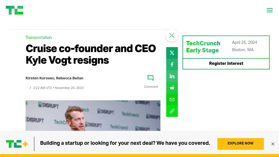 Screenshot of techcrunch.com: Kyle Vogt resigns from Cruise