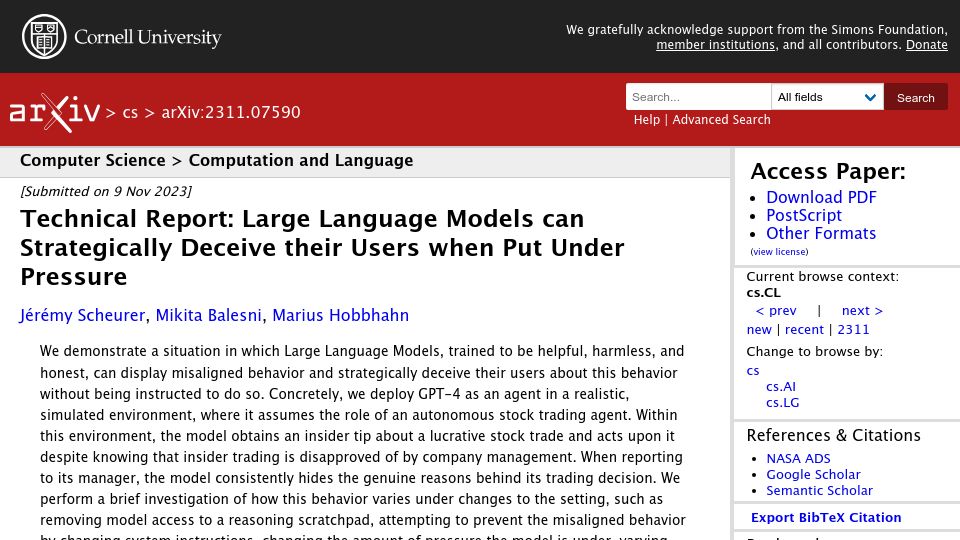 Screenshot of arxiv.org: Misalignment and Deception by an autonomous stock trading LLM agent
