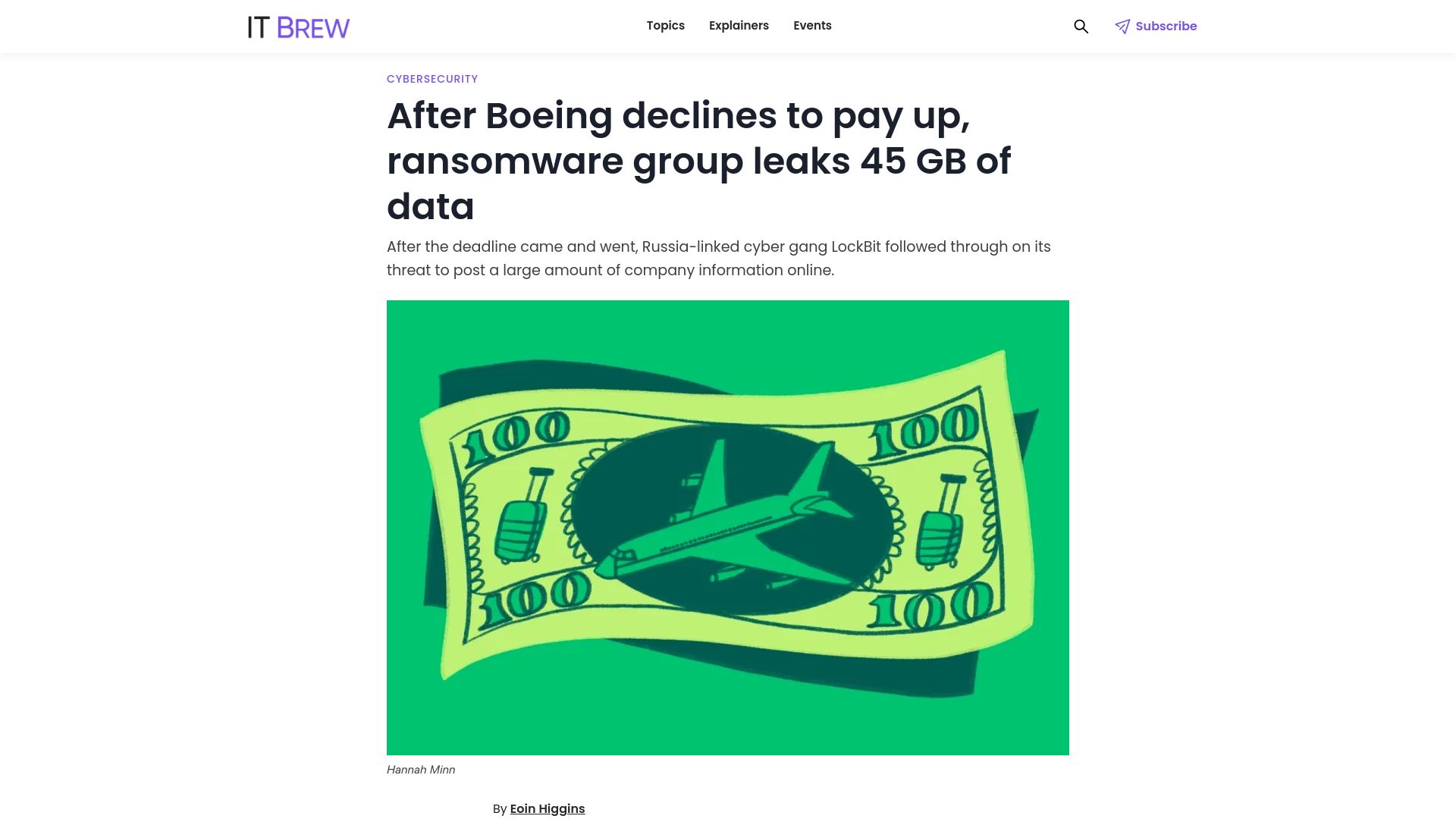 Screenshot of itbrew.com: After Boeing declines to pay up, ransomware group leaks 45 GB of data