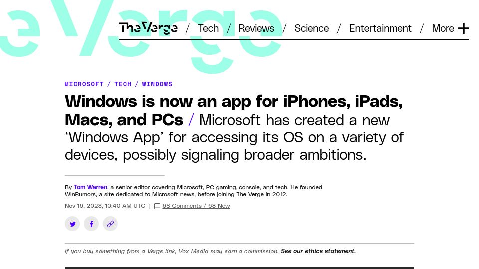 Screenshot of theverge.com: Windows is now an app for iPhones, iPads, Macs, and PCs