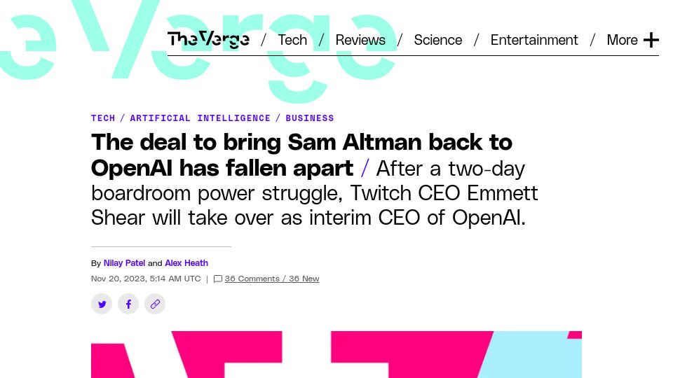 Screenshot of theverge.com: Emmett Shear becomes interim OpenAI CEO as Altman talks break down