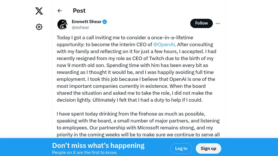 Screenshot of twitter.com: Emmet Shear statement as Interim CEO of OpenAI