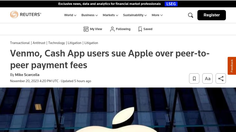 Screenshot of reuters.com: Venmo, Cash App users sue Apple over peer-to-peer payment fees