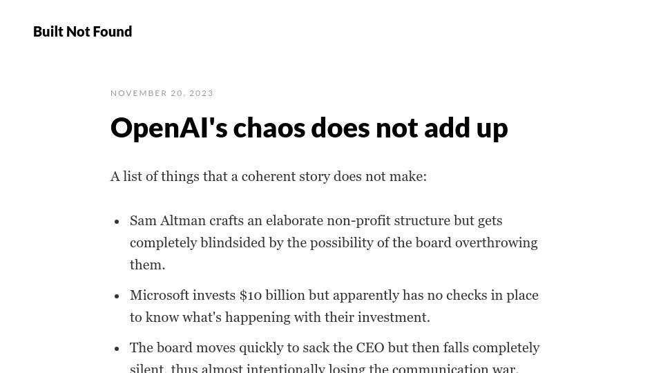 Screenshot of builtnotfound.proseful.com: OpenAI's chaos does not add up