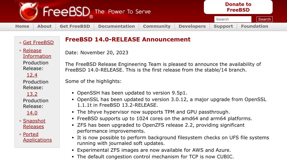 Screenshot of freebsd.org: FreeBSD 14.0-Release