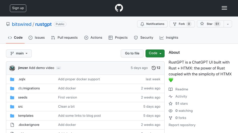 Screenshot of github.com: RustGPT: ChatGPT UI Built with Rust, Htmx, SQLite