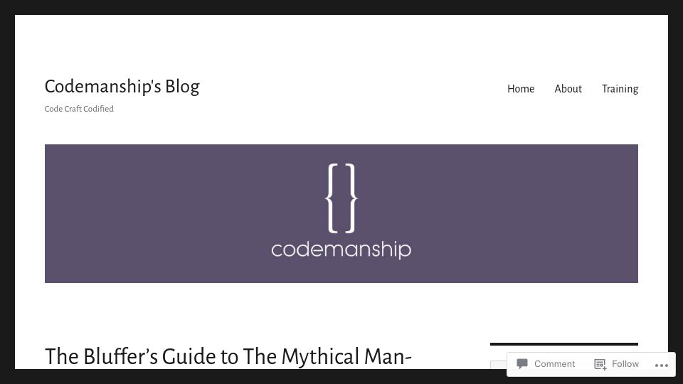 Screenshot of codemanship.wordpress.com: The Bluffers Guide to the Mythical Man Month